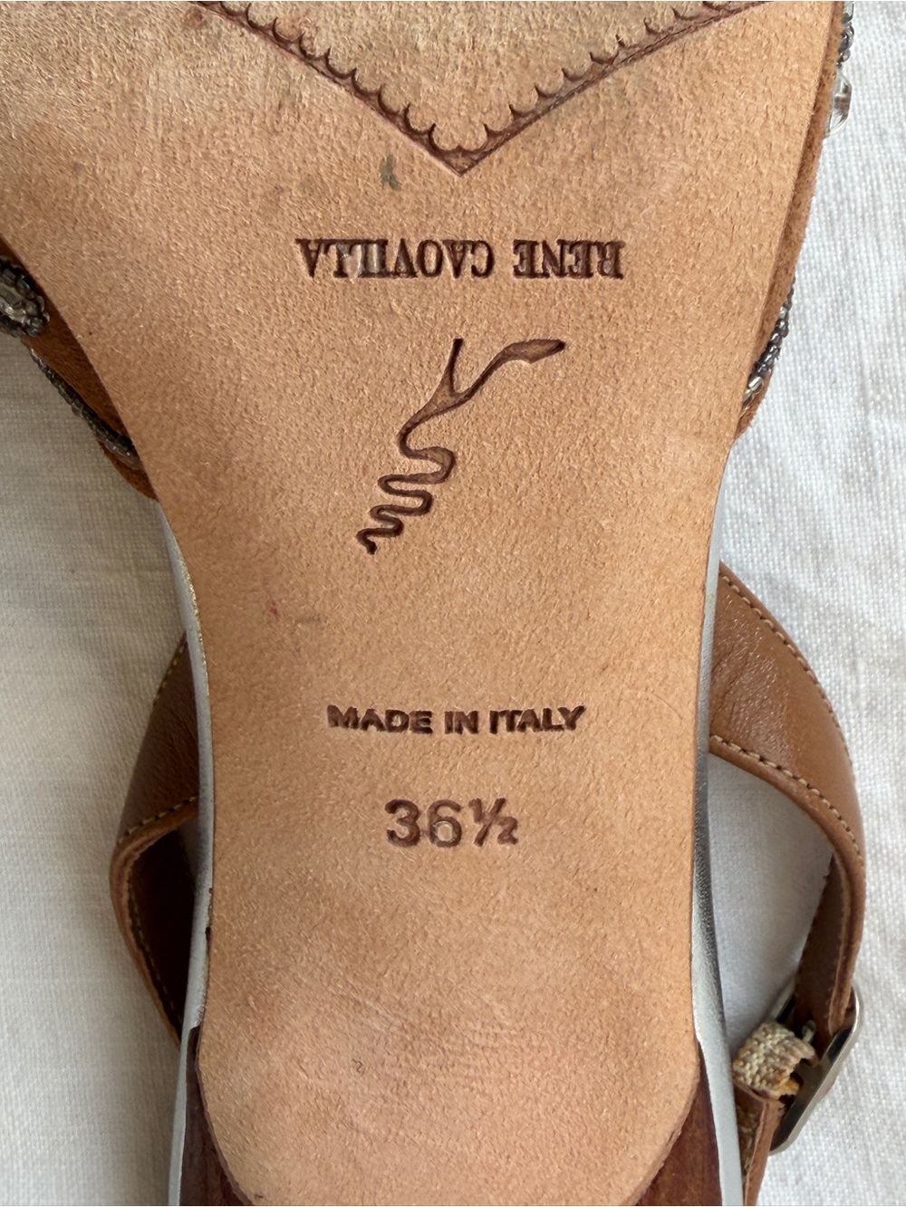 Vintage Rene Caovilla Crystal Rhinestone Suede Pointy Toe Heels Tan Silver - Picture 10 of 11